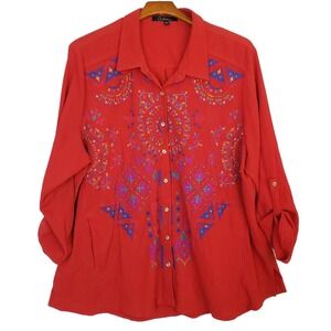 Calessa 2x Red Embroidered Tunic 3/4 Tab Sleeve